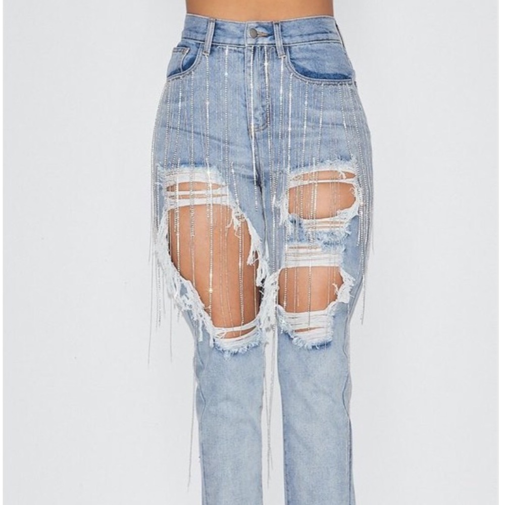 Denim Rhinestone Ripped Pants